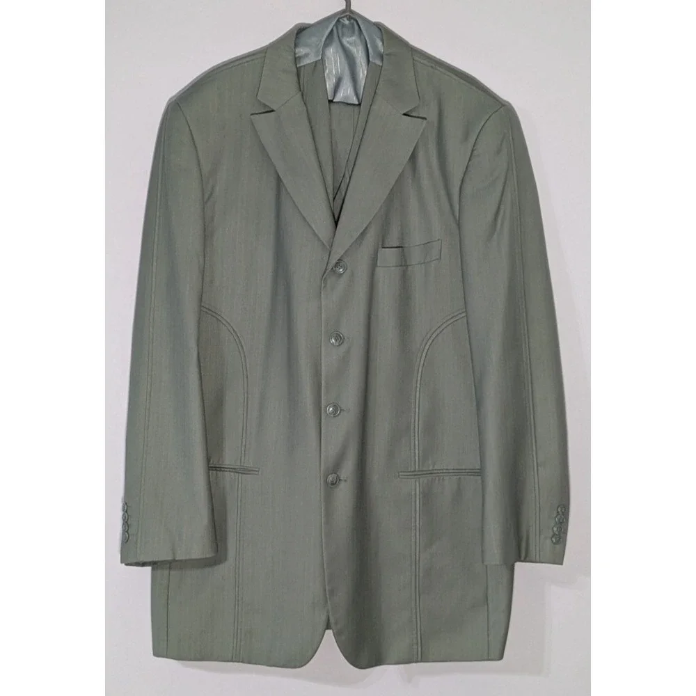 EJ Samuel 3pc Suit Sage Green Urban 4 Button Blazer Pleated Pants 44L - 38X32